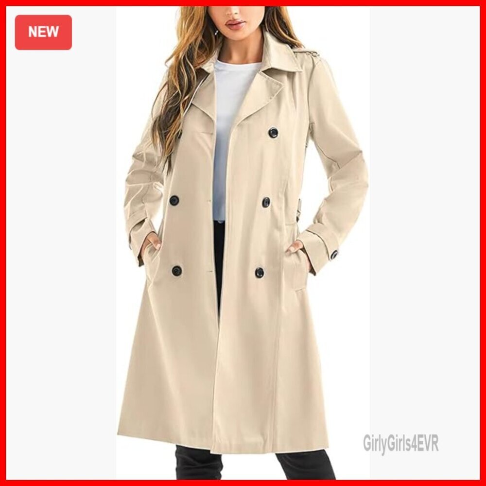 Waterproof Trench Coat Long Double Breasted Belted Hooded Overcoat